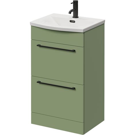 Napoli 390 Olive Green 500mm 2 Drawer Vanity Unit with Arc Basin - 500mm - Matt Black 320mm Handle