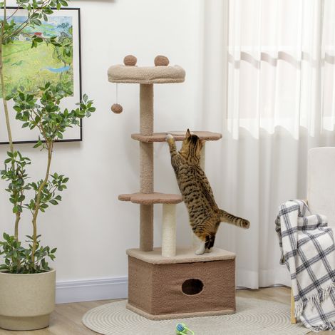 Kratzbaum für Katzen, 133 cm hoch, Katzenkratzbaum mit Nest, Plattformen, Hängekugel und Jute-Pfosten, braun