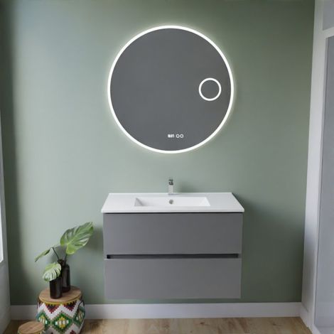 Meuble vasque ROSALY INOX 80 cm + miroir Rondinara- Gris- Plan vasque en Céramique