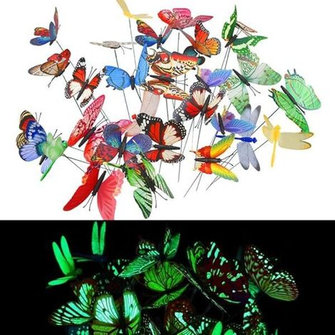 20 PCS Papillons de Jardins Coloré et 10 PCS Libellules de Jardin sur Bâtons, Papillons de Jardin déco Lumineux Imperméable Papillon sur Bâtons pour Extérieur, Balcon