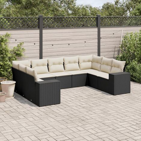 9-tlg. Garten-Sofagarnitur mit Kissen Schwarz Poly Rattan (1/5)