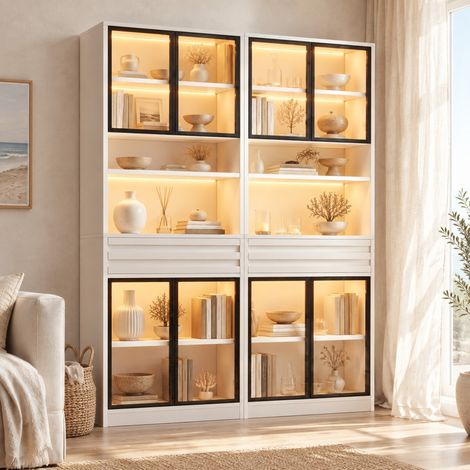 Set di 2 vetrine da soggiorno 80 x 35 x 200 cm con ante in vetro, cassetti e LED RGB OKMYHOME (1/5)
