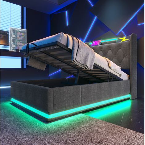 Letto imbottito 90x200 cm grigio in lino con LED 360°, contenitore idraulico, testiera con USB e materasso (1/5)
