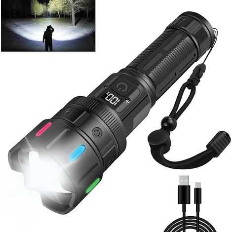 Lampe torche LED rechargeable ultra-puissante, 990 000 lumens, 5 modes, écran LCD, idéale pour le camping et les situations d'urgence. (1/5)