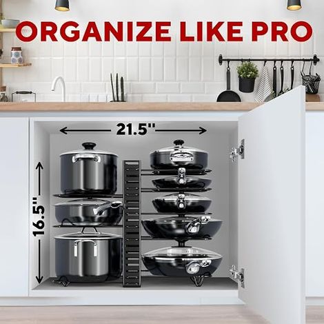 Organisateur de casseroles et poêles à 8 niveaux réglables, à placer sous un meuble, support robuste pour ranger casseroles, poêles et couvercles, organisation facile de la cuisine (1/5)