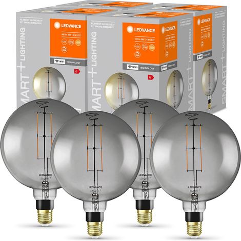 Ampoule LED intelligente avec Wifi, culot E27, gradable, blanc chaud (2500K), forme de globe, filament clair dans un verre fumé, remplacement des ampoules 37W, paquet de 4 (1/5)