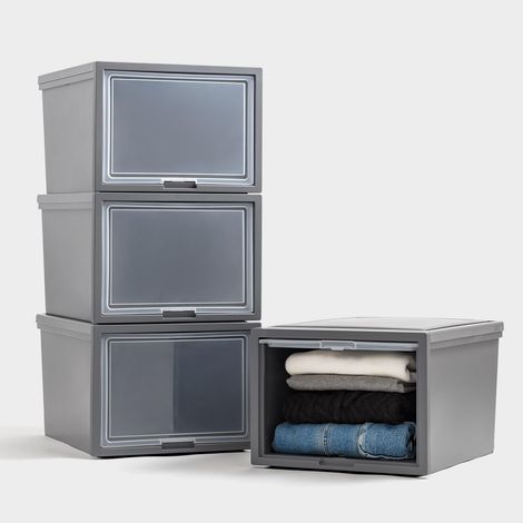 Tiroirs en Plastique Empilables, Commode de chambre, Chaussures, 40L, Set de 4, Grand, Gris foncé, Porte à rabat, pour Placard, Chambre, Entrée, Sans BPA, Organisateur, Tour, BCF-500 (1/5)