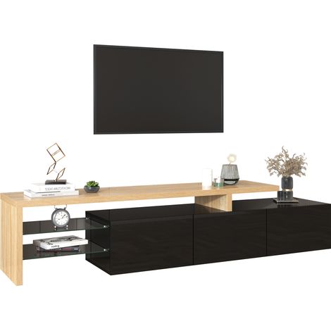 Mueble TV con 3 Armarios y LED 7 Colores, Negro Brillo, en MDF y Vidrio, 197,5×39×42 cm, Natural (1/5)