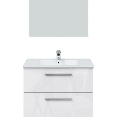 Set de Meuble sous lavabo avec 2 tiroirs Blanc Brillant /Blanc Laqué + Lavabo blanc + miroir -PEGANE- (1/5)