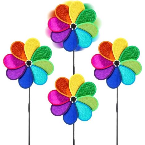4-teiliges reflektierendes Windmühlen-Set zur Vogelabwehr – Dekoration für Garten, Terrasse und Balkon, Blumenform mit Glocke