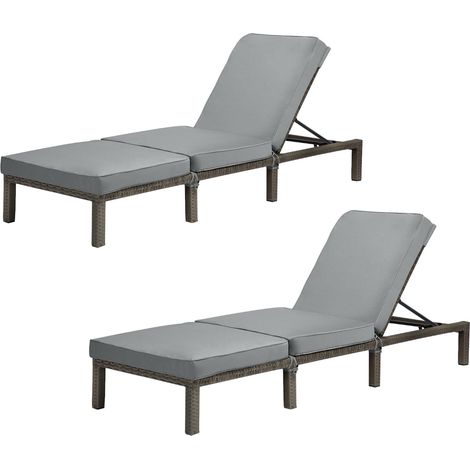 Svita – Set de 2 chaises longues de jardin pliables en polyrattan gris – Dossier réglable 5 positions – Coussins amovibles et lavables – Dimensions 196x66x22cm