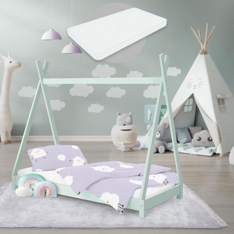 ML-Design Cama Infantil Tipi Verde Menta 70x140 cm con Colchón de Espuma Fría y Somier de Listones, Cuna de Suelo Juvenil de Madera Maciza de Pino, Lecho para Niño y Bebé, Casa Tienda de Campaña Juego (1/5)