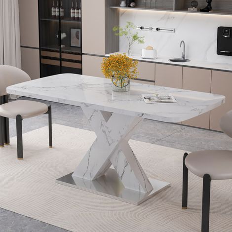 Table à manger rectangulaire extensible 120x80x76.5 cm blanche en MDF et acier avec plateau effet marbre (1/5)