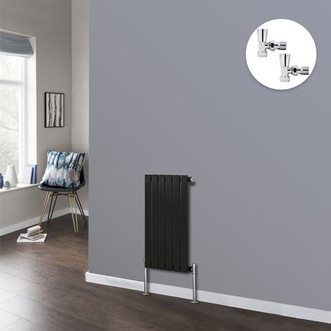 Flat Panel Design Radiator Bathroom Central Heating Radiators Black with Angled Manual Pair of Valves 600 x 408mm Horizontal Single (1/2)