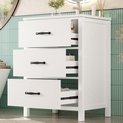 Lavabo autoportant blanc 61x47x83 cm, vasque céramique monobloc, meuble laqué complet, 3 tiroirs avec coulisses silencieuses, finition brillante. (1/5)