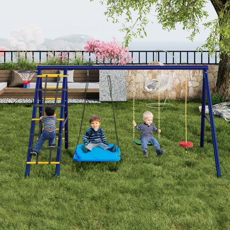 Aire de jeux 5 en 1 extérieur avec structure d'escalade et panier de basket, 3 balançoires réglables, aire de jeux enfant en acier pour jardin, 3-8 ans