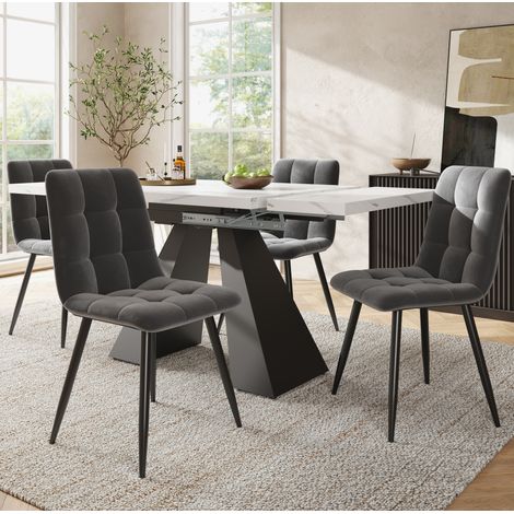 Set da pranzo con tavolo allungabile e 4 sedie, MDF effetto marmo bianco e metallo, tavolo 99-159x74x77 cm (1/5)