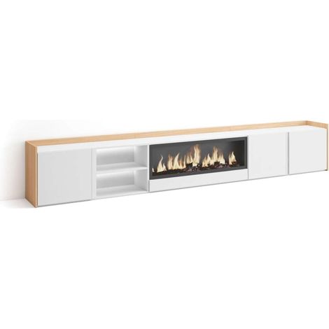Mueble TV Arriate-02 de 315x50x35 cm con chimenea eléctrica y luces LED, color blanco y roble soft (1/4)