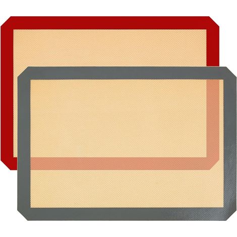 Silicone Baking Mat, 2 Pieces, Baking Mat, Reusable, Oven Mat, Biscuits, Cakes, Pizzas, Dough, Silicone, Red + Grey, 42 x 29.5 cm (1/5)