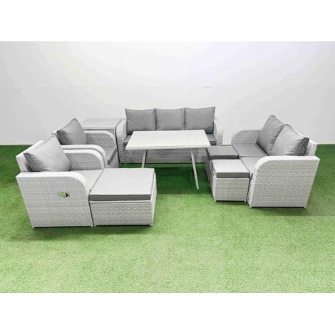Fimous PE Rattan Garden Furniture Set Outdoor Rectangular Dining Table Sofa Set with Reclining Chair 3 Stool Side Table Light Grey (1/4)