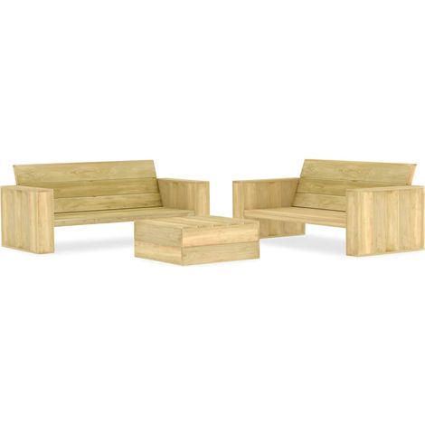 Salon de jardin 3 pièces en bois de pin imprégné, 2 bancs et table à thé - PANGIVO (1/5)