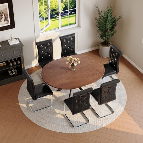 Ensemble de salle à manger avec table ronde extensible en bois et 6 chaises noires, ensemble de cuisine gain de place en similicuir capitonné et structure métallique en porte-à-faux pour salle à mange