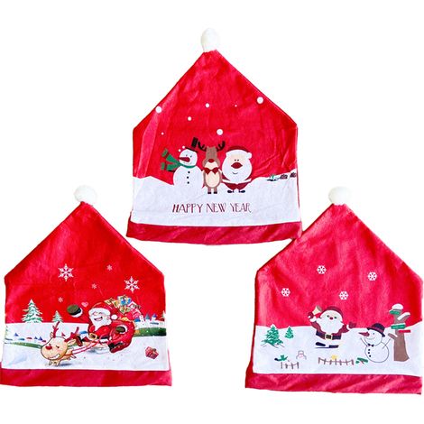 Housse De Chaise De Noël - Bonnet De Père Noël Et Bonhomme De Neige - Rouge - 50 X 60 Cm - 3 Pièces (1/5)