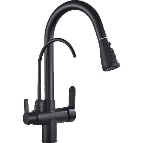 Wasserhahn, Ausziehbare Sprühdüse, Doppelgriff, Mattschwarz (1/2)