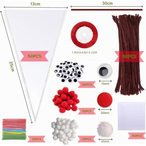 FINEVERNEK Sachets à bonbons de Noël, Kit de bricolage renne pour Noël, Fil chenille marron, Pompons, Yeux mobiles, Sachets coniques en cellophane pour bonbons/cadeaux 25 x 13 cm (50 ensembles) (1/3)