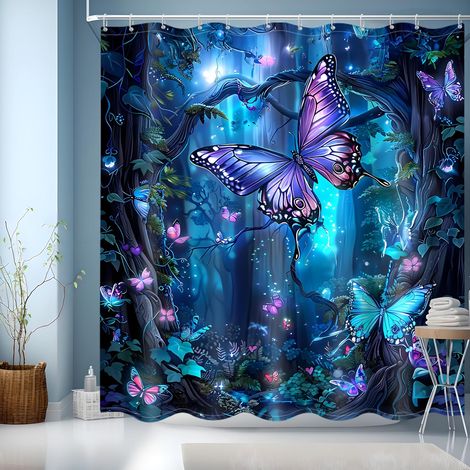 Rideau Douche Bleu,Rideaux de Douche,Rideau Baignoire Lavable en Machine, avec œillets et 12 Anneaux, Shower Curtain 180x200,Modèle Papillon (1/5)