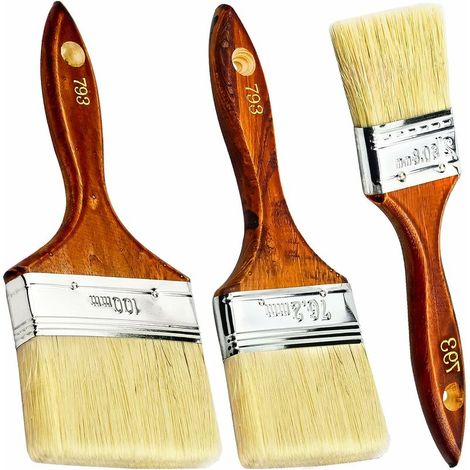 Set of 3 Professional Paint Brushes, Flat Paint Brushes with Wooden Handle, Perfect for Furniture, 3 Sizes 100mm, 76.2mm, 50.8mm / 4in, 3in, 2in for Acrylic Painting, Barbecue