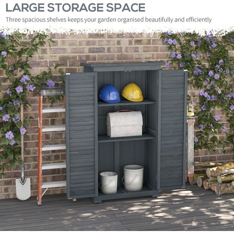 Abri de jardin extérieur en bois gris avec étagères à 3 niveaux, toit en asphalte et portes à volets - Rangement d'outils 87 cm x 46,5 cm x 160 cm (1/5)