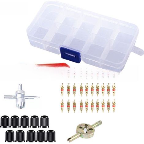 Kit d'outils pour obus de valve fourni par le fabricant, kit d'obus de valve, outil de démontage, clé multifonctionnelle pour obus de valve (boîte de 33 pièces) (1/5)