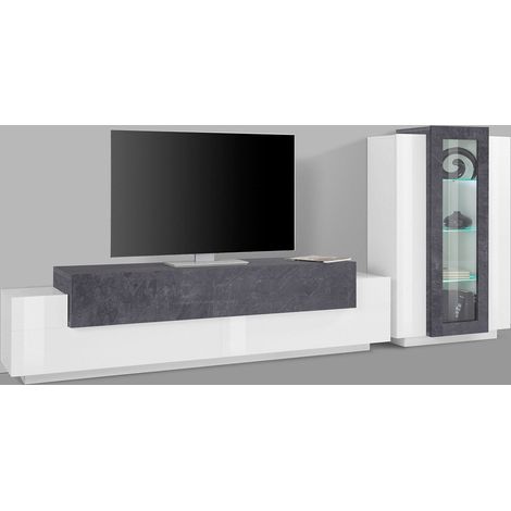 Parete Attrezzata Soggiorno Porta TV 200x45x51,6 cm con Vetrina Coro Bianco Lucido e Ardesia (1/4)