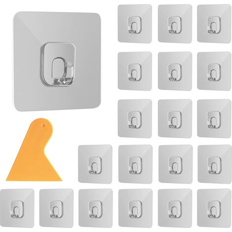Crochets Adhésifs Muraux Transparents, Lot de 20 Crochet Mural Sans Percer Extra Fort 10kg, Support Etagere Invisible Imperméable pour Salle de Bain, Cuisine, Plafond et Maison (1/5)