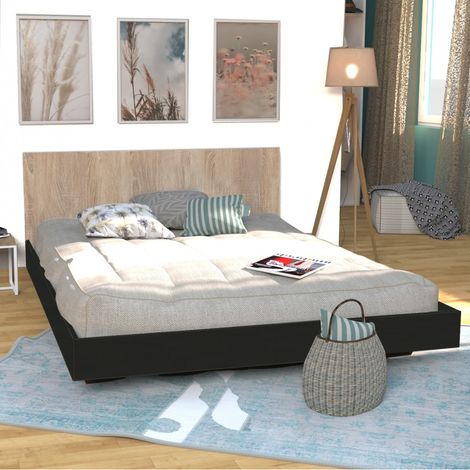 Lit LOFT 140x190 + 1 sommier + tête de lit / Décor Noir & chêne blanchi/ 192x143x75 cm