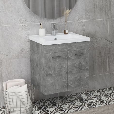 Meuble de salle de bain avec lavabo en céramique, meuble sous lavabo mural avec 2 portes, étagère ajustable 60x45.5x60 cm gris (1/5)