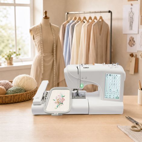 【Maison connectée】Machine à Broder et à Coudre Informatisée, Écran Tactile LCD 7 Pouces, 96 Motifs de Broderie + 162 Motifs de Couture, 700 Emplacements de Sauvegarde, Entrée USB, Blanc (1/5)