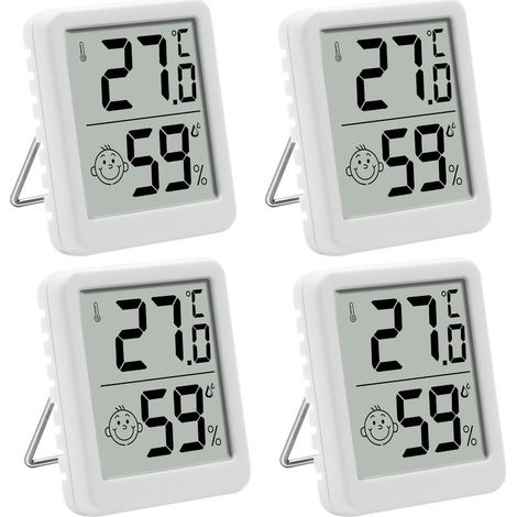 Ensemble de 4 thermomètres/hygromètres d'intérieur écran LCD avec affichage smiley, chambre bébé, salon, bureau, serre, blanc. (1/5)
