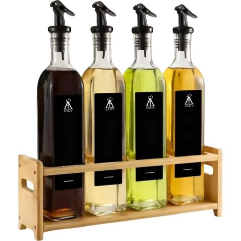 Dispensador de aceite, boquilla antigoteo, soporte de bambú, 4 botellas con soporte. (1/2)