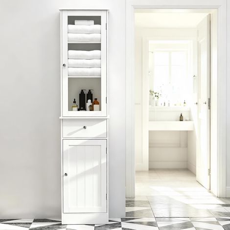 Armoire colonne de salle de bain - Blanc - Armoire haute moderne - Rangement multiple avec tiroir - 2 étagères (1/5)