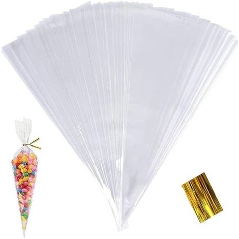 100 pièces 25x13cm Sachets Transparents Bonbons Sacs Cellophane Cône Friandises Pochette avec Ruban d'or pour Noël Partie Fête Mariage Petit Cadeau (1/4)