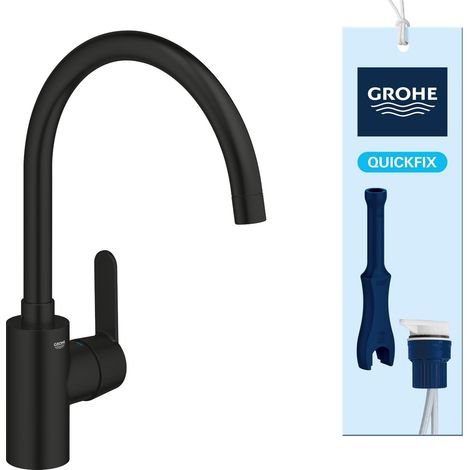 GROHE Get – Miscelatore Cucina Monocomando (Bocca C Alta 353mm, Rotazione Selezionabile, Cartuccia Ceramica 35mm, Attacchi 3/8 Pollici, QuickMount Incluso), Nero Opaco, 31552DC0 (1/5)