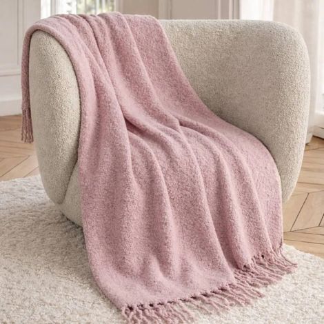 Plaid toucher doux rose à franges 130x170cm (1/5)