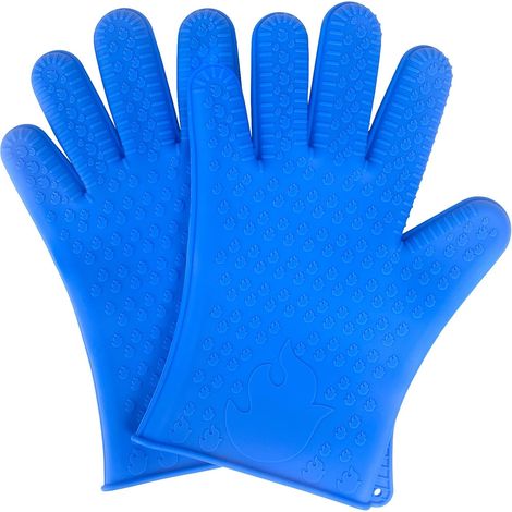 Lot de 2 gants de cuisine en silicone résistants à la chaleur, antidérapants et imperméables, adaptés à la cuisine (bleus) (1/3)