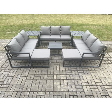 Fimous Aluminium Outdoor Garden Furniture Set Patio Lounge Sofa with Square Coffee Table 2 Side Tables 2 Big Footstools Conservatory Set Dark Grey (1/5)