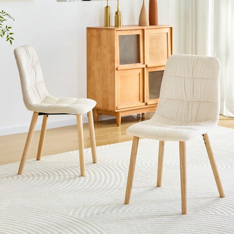 Lot de 2 chaises de salle à manger en tissu blanc plissé, pieds en bois, H 88 cm HAVRYA (1/5)