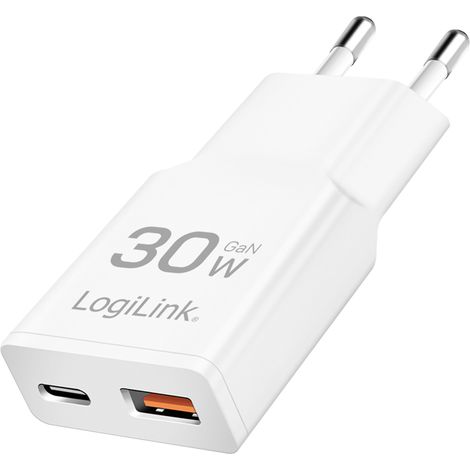 LogiLink USB-C PD + USB-A QC Schnellladegerät, 30 W, GaN, 2 Anschlüsse, Weiß (1/5)