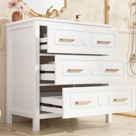 Lavabo autoportant 76,5 x 47 x 82 cm, céramique monobloc, finition laquée complète, blanc, meuble avec 3 tiroirs à fermeture silencieuse. (1/5)