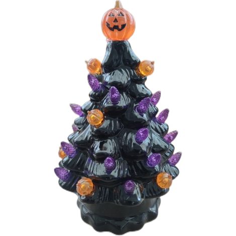 Sapin d'Halloween lumineux en céramique, décoration de table avec citrouille lumineuse, arbre effrayant pour intérieur (1/5)